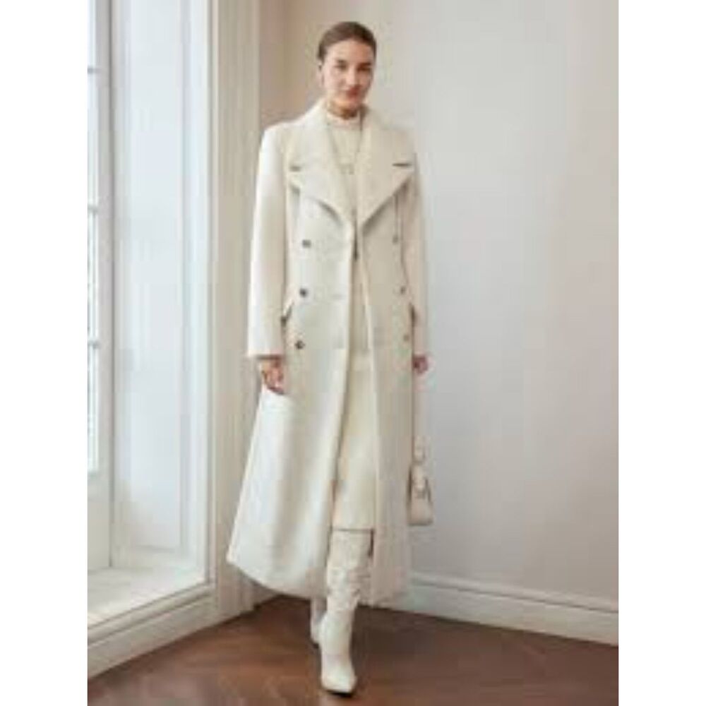 NWT MOTF Winter White Fuzzy Trench Coat Med Gold Wool Blend Glam Double Breast